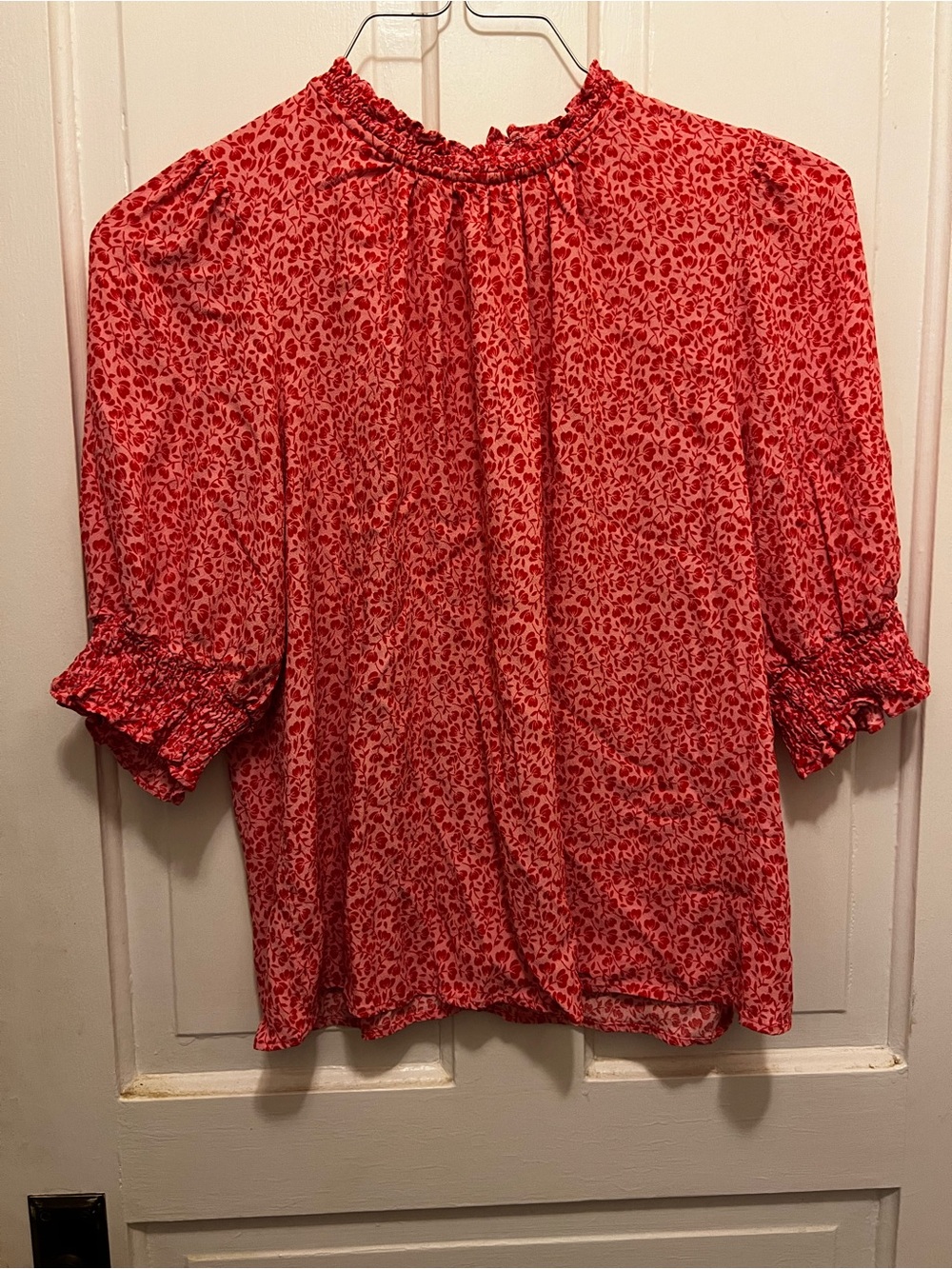 Boden Red Floral Smocked Neck Blouse